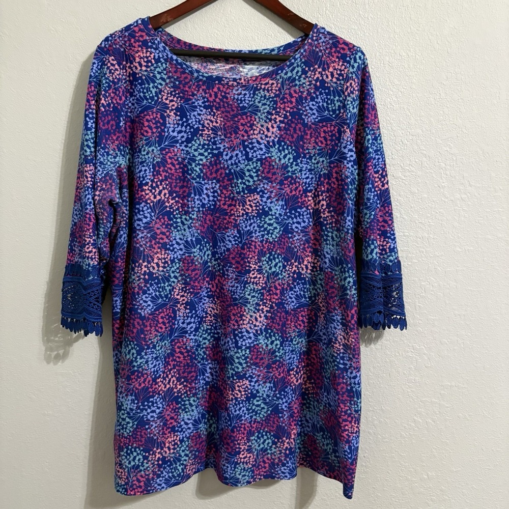 Woman Within 18/20 1X Plus Blue Floral Top Lace Sleeve 3/4 Stretch Knit